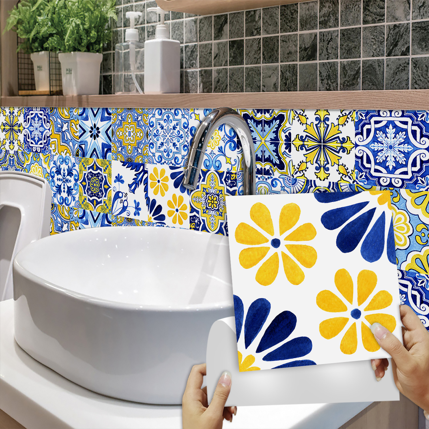 Commercial Kitchen Tiles - 16pcs Blue Yellow Vintage Floral Portuguese