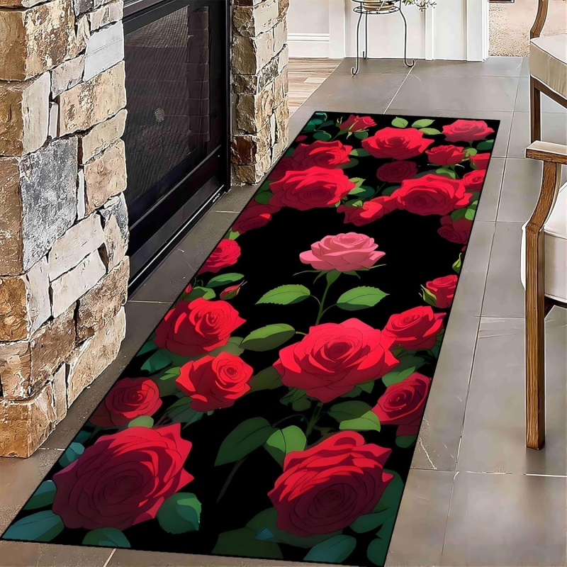 Commercial Kitchen Background - Vibrant Red Rose Print Runner Rug