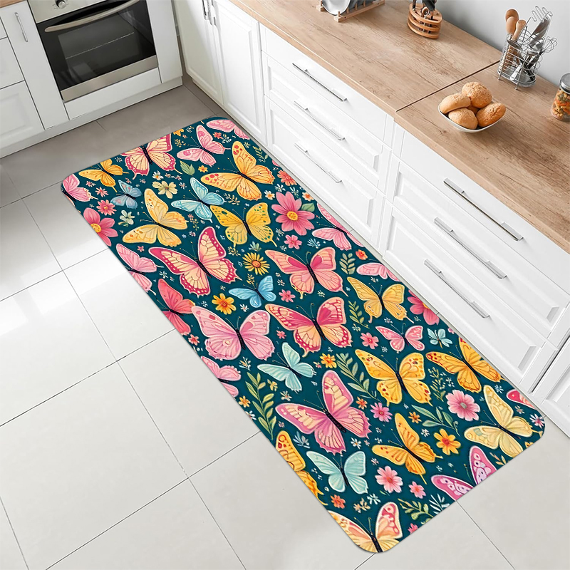 Commercial Kitchen Background - Teal Background Colorful Butterfly Floral Runner