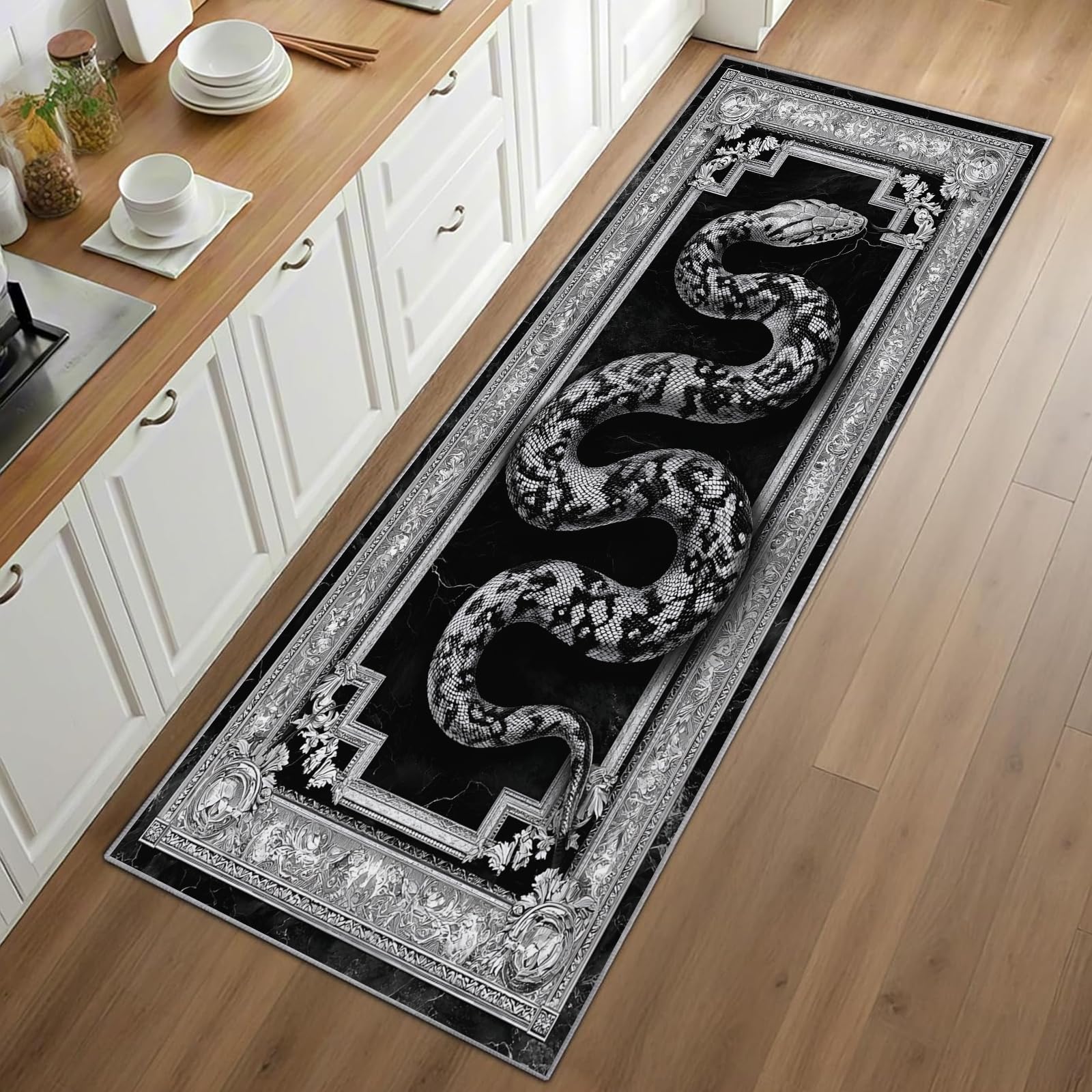 Snake Print Runner Rug Black B - مراجعة Commercial Kitchen Background وسعره