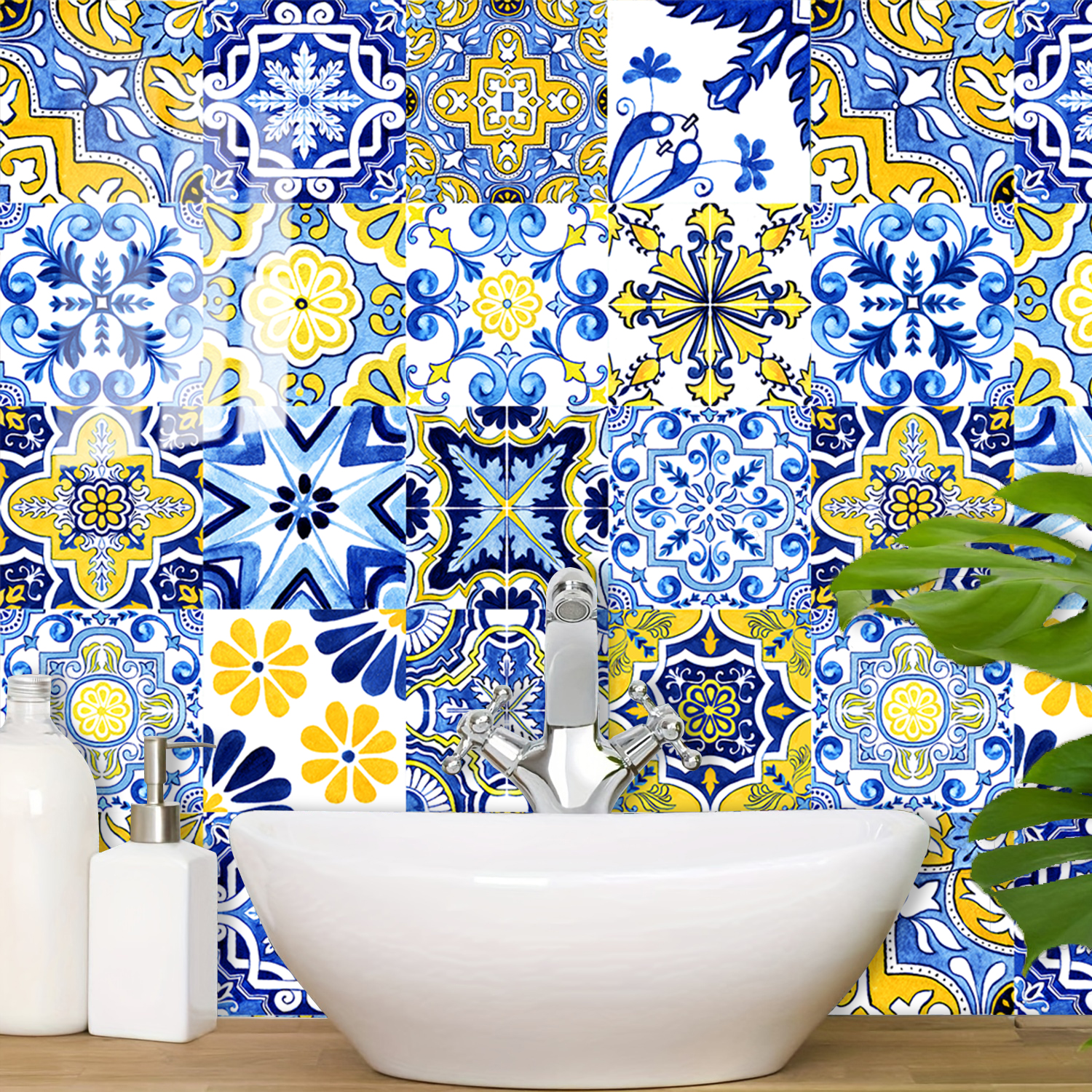 16pcs Blue Yellow Vintage Flor - مراجعة Commercial Kitchen Tiles وسعره