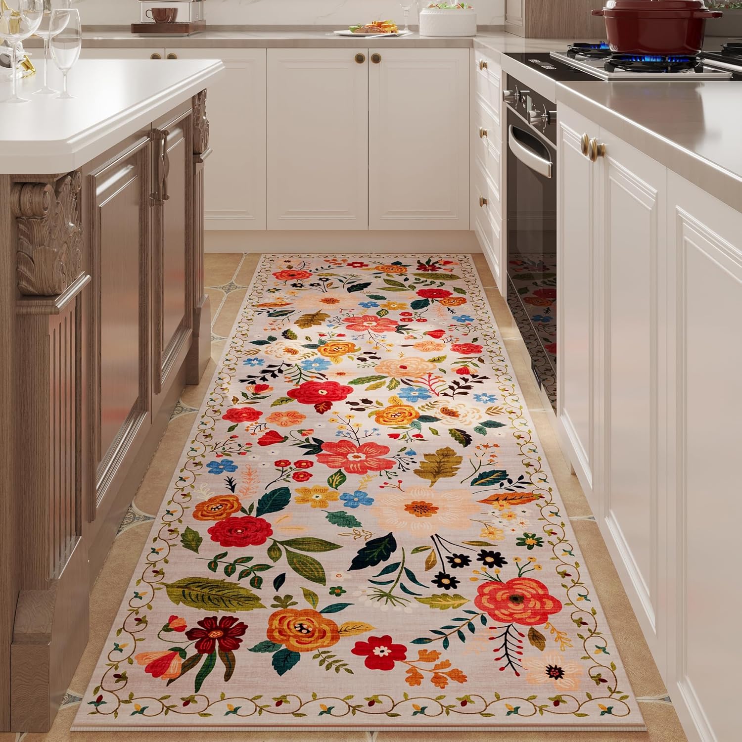 Vintage Floral Runner Rug Beig - مراجعة Commercial Kitchen Background وسعره